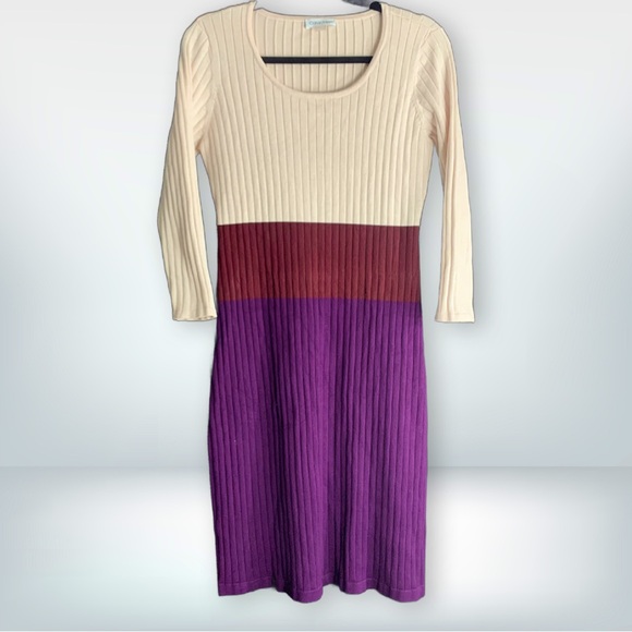 Calvin Klein Dresses & Skirts - Calvin Klein Colorblock Ribbed Knit Midi Sweater Dress Cream Purple, size M